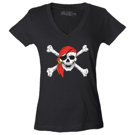 shop4ever Pirate Skull & Crossbones Women's V-Neck T-Shirt Pirate Flag Shirts Large Black 11224