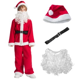IKALI Santa Claus Costume Kids Christmas Fancy Outfits for Boys Santa Role Play Suit with Hat White Beard Belt 7-8 Years