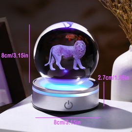 Crystal 3D Lion 3.15in Ball Figurine Gifts for Him Husband, Collectible Glass Animal Art Sphere for Room with LED Light Base, Keepsake for Lion Lovers Home Decor Paperweight