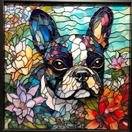 5D Diamond Art Painting Kits by Number for Adults Stained Glass French Bulldog Diamond Art Painting Full Round Drill Color Rhinestone Embroidery Craft Kits for Decor 30x40cm