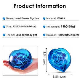 Hand Blown Glass Heart Flower Paperweight for Office Desk,Home Decor Collectible.