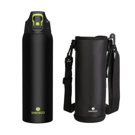 SANTECO Water Bottle, 1L Thermos, 1000ML Stainless Steel Bottle, Sports Vacuum Insulated, Keeps Cold and Hot, Easy to Clean, Direct Drinking, Beverage Compatible, Stylish NEVIS Black