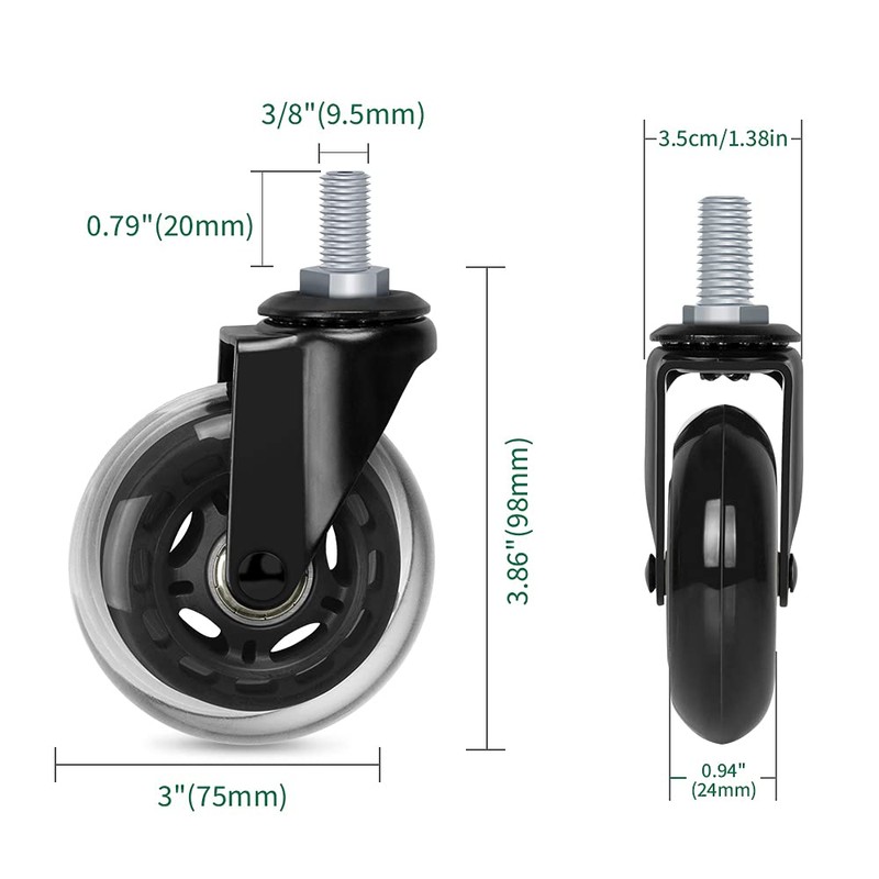 8T8 3" Office Chair Caster Wheels Heavy Duty, Set of