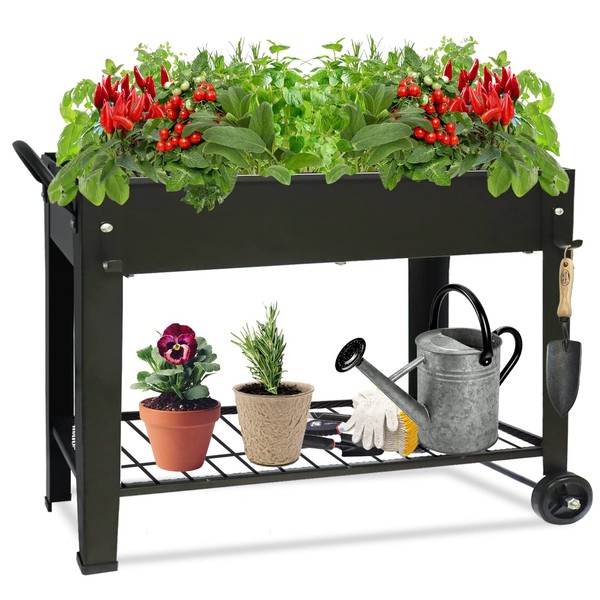 Fleecy day Raised Garden Planter Beds with Wheels Legs, Large Planters Box for Indoor Outdoor Plants,Metal Galvanized Elevated Rectangle Herb Planter Box for Vegetables Flower Patio 31.5" H