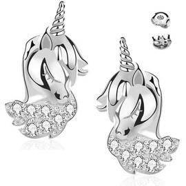 Children's Girls' Earrings Real 925 Sterling Silver Horse Unicorn Stud Earrings, Sterling Silver, Cubic Zirconia