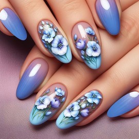 Flowers Press on Nails Medium Almond Fake Nails Blue Floral False Nails Ombre Acrylic Nails with Designs Gradient Artificial Nails for Women Girls Manicure Art Decoration