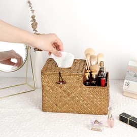 IGNPION Woven Square Tissue Holder Seagrass Facial Tissue Box Cover Decorative Household Cube Tissue Organizer Box with Remote Control Storage Holder for House Office Car Hotel, Caramels