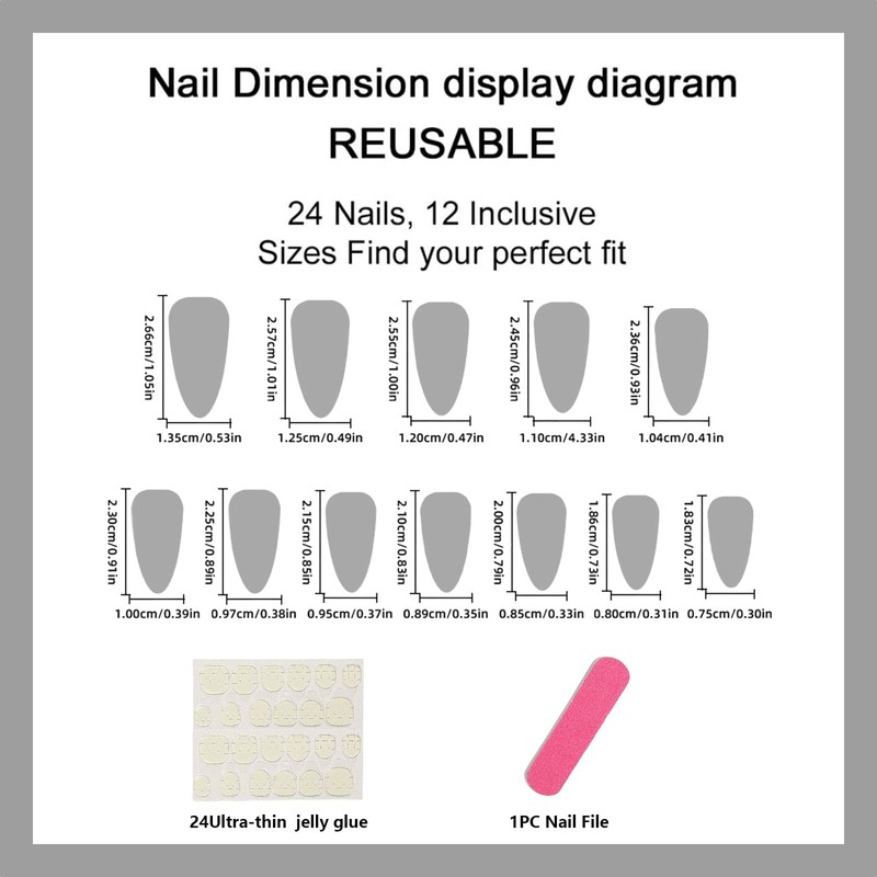 OuryTech Press on Nails Black, 24 Pieces All Black Medium