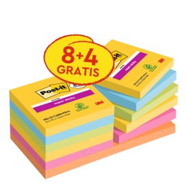 Post-it Super Sticky Notes Carnival Collection Value Pack of 8 Pads + 4 Free Pads, 90 Sheets Per Pad, 76mm x 76mm, Yellow, Blue, Green, Pink, Orange - Extra Strong Sticky Notes