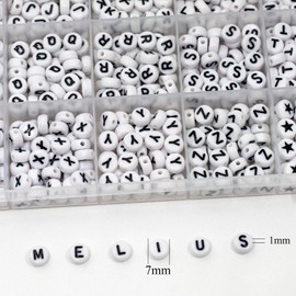 Melius Acrylic Letter Beads, 1450 Pcs 4x7mm Round Alphabet Beads in 28 Grid Box for Jewelry Making, DIY Bracelets, Necklaces, Key Chains, Bracelets (4x7mm, White)