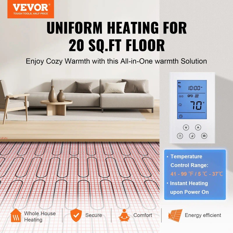 Electric Radiant In-Floor Heating Mat 20 Sq Ft Plastic 1000W