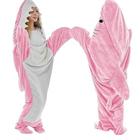 Shark Blanket Onesie for Adult - Super Soft Cozy Flannel Throw Wearable Hoodie, Cartoon Animals, Sleeping Bag Cosplay Costume - Gifts for Shark Lovers (Pink, 170CM)