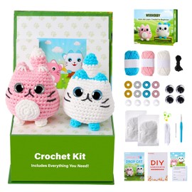 Woohobby Crochet Kit for Beginners and Adults Step-by-Step Video Tutorials 2 Pack Cat Crochet Animal Kit with Beginner Yarn for Crocheting 2 Printed Manual for Craft Lovers