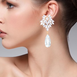 Wedding Party Statement Earrings, Sparkling Crystal Cluster Flowers Petal Tear Large Dangle Gold Earrings, Crystal, No Gemstone