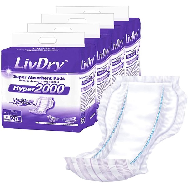 LivDry Incontinence Pad Insert for Men and Women | Extra Absorbency with Odor Control (Hyper 2000 (80 Count))
