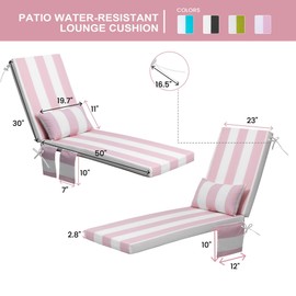 Outdoor Chaise Lounge Cushion Set of 2 with Head Pillow and Side Pockets, Water Repellent & Weather Resistant Patio Recliner Lounge Chair Cushions for Lawn, Pool & Beach (Pink Stripe, 80" x 23")