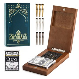 Wooden Cribbage Board Game Set, Travel Cribbage Board with Storage and Collapsible, with Magnetic Lock / 9 Metal Pegs/Full Deck of Cards, Family Board Games for Kids and Adults