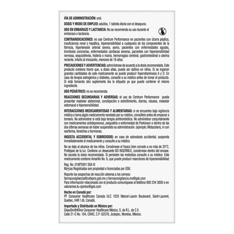 Multivitamínico Centrum Performance con Vitaminas del Complejo B 100 Tabletas