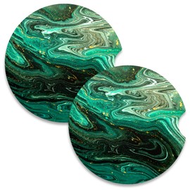 Nipichsha Car Coasters for Cup Holders, 2 Pack Absorbent Ceramic Car Cup Holder Coaster for Drinks, Cute Car Assecories for Women Men, Size 2.56" with Finger Notch & Cork Base, Green Gilt Marble