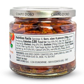 CAMPO D'ORO - Sundried Cherry Tomatoes in Oil, Made with Fresh Basil, Glass Jar 6.35oz, 100% made in Italy, Sicilian Bruschetta Recipe