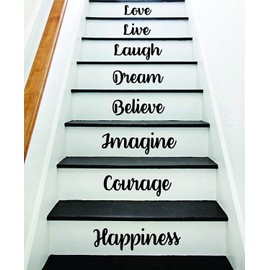 Happiness Courage Imagine Stairs Original Quote Wall Decal Sticker Decor Room Art Vinyl Joy Peace Fitness Family Home House Staircase Love Beautiful Inspirational Laugh Love Live