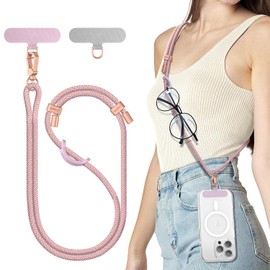 SURPHY Phone Lanyard Crossbody, Cordón ajustable para teléfono móvil con 2 lengüetas de sujeción para teléfono, correa trenzada bicolor para teléfono con mosquetón (Rosado & Púrpura)