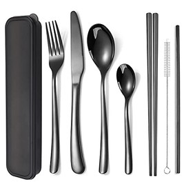AARAINBOW 6 Pieces Stainless Steel Flatware Set Portable Reusable Cutlery Set Travel Utensils Set Including Chopsticks Knife Fork Spoon Straws Cleaning Brush Dishwasher Safe (7 Black)