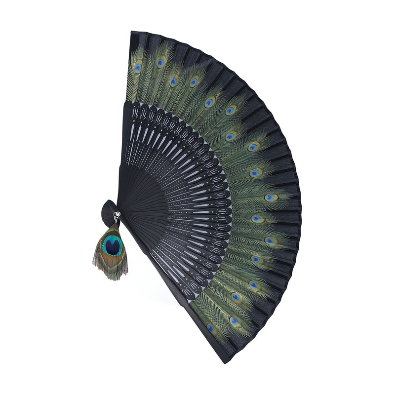 Folding Fan Black Bones Beautiful Peacock Pattern Antique Bamboo Hand