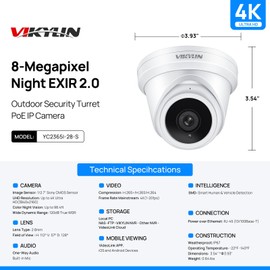VIKYLIN 8MP PoE IP Camera, Outdoor Security 4K Turret PoE Camera with Human/Vehicle Detection, 2.8mm Lens, Built-in Mic, H.265+, WDR, 98ft EXIR 2.0 Night Vision, IP67, Blue Iris, NDAA Compliant