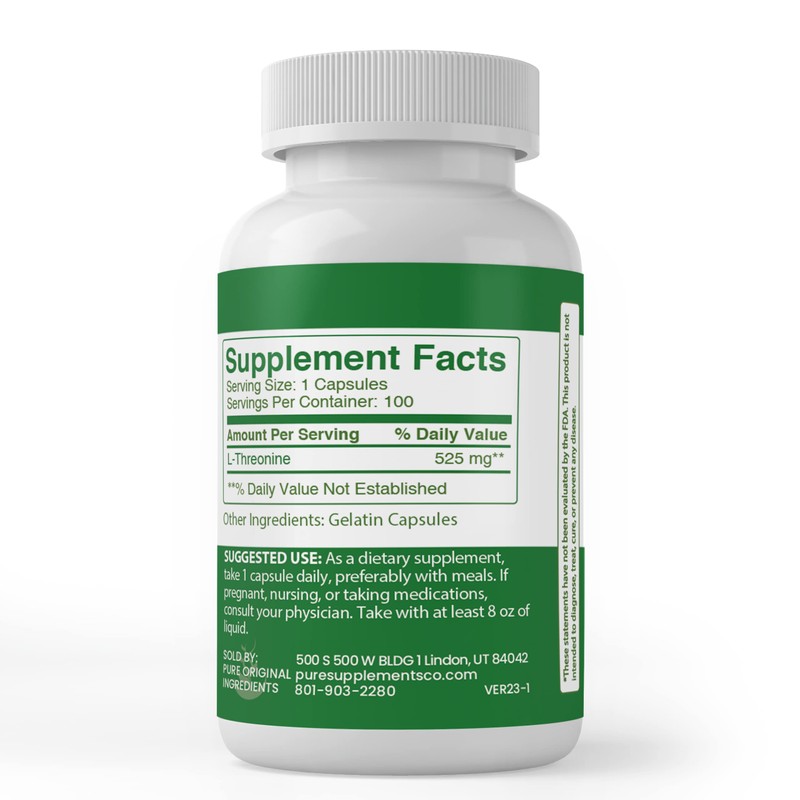 PURE ORIGINAL INGREDIENTS L-Threonine Capsules, (100 Capsules) Always Pure, No