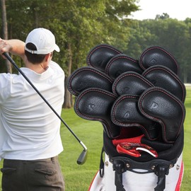 Golf Iron Cover Magnet Wedge Cover Club Head Cover Set 9pcs (4-9,P,A,S) Index Number Black Synthetic Leather