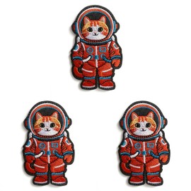 U-Sky Sew or Iron on Embroidered Patches | Adorable Orange Cat Astronaut in Red Space Suit Design | Fun Cosmic Animal Theme for Jackets Bags Hats | 1.9"x3.1" 3PCs Pack