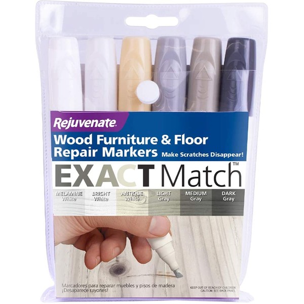 Rejuvenate Exact Match Wood Furniture and Wood Floor Repair Markers for White Furniture & Gray Furniture and Floors - 6 Colors