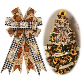 Large Thanksgiving Bows for Wreath, Black White Buffalo Plaid Gnomes Wreath Bows Fall Maple Leaf Pimpkin Bows for Front Door, Farmhouse Ornament Tree Topper Bows for Autumn Indoor Outdoor Decoration