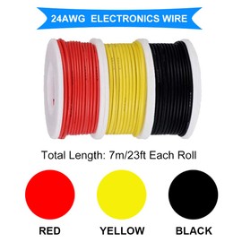 DKARDU 24AWG Hook Up Wire Kit 24 Gauge Electrical Wire 300V PVC Insulation Tinned Copper Solid Wires 3 Color (Black,Red,Yellow) 7m/23ft Each Wire Assortment Kit for DIY