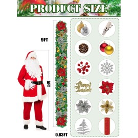 9FT Christmas Garland with 80 Light, Kalolary Artificial Wreath Decoration Kit Christmas Balls Pine Cone Berry Snowflake Leaves Flower for Mantel, Porch, Staircase, Banister Decor