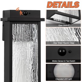 VenzBlomia Upgraded Motion Sensor LED Outdoor Lights, 2 Pack 16” Black LED Dusk to Dawn Outdoor Light Fixtures, Modern Outside Sconce Lanterns with Rippled Glass, Waterproof Exterior Garage Lamps