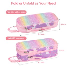 Bagseri Pencil Case for Girls - Expandable Cute Pencil Pouch for Kids Special Pencil Box Large Capacity Pencil Bag Organizer for School (Glitter Purple Unicorn)