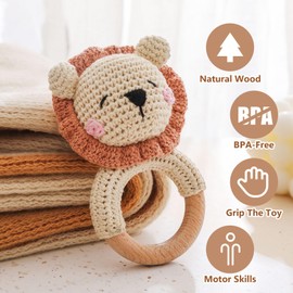 Wooden Baby Rattle，Crochet Lion Rattle with Wood Ring, Newborn Wooden Animal Rattle Toy，Infant Lion Wood Rattle Toys