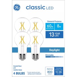 GE Classic LED 60 Watt Replacement, Daylight, A19 General Purpose Bulbs (4 Pack), White, 93130843