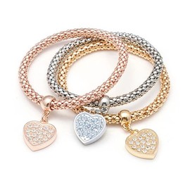 SILANER Crystal Charms Multilayer Bracelets - 3PCS Gold/Silver/Rose Gold Corn Chain Bracelet for Women, Tree of Life Heart Shaped Stretch Bracelet (PAVE CRYSTAL HEART CHARM)
