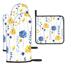 Navy Blue Yellow Flower Oven Mitts and Pot Holders Sets of 3 Watercolor Floral Decorative Hot Pads Heat Resistant Non Slip Washable for Cooking Grilling Baking BBQ Kitchen Decor