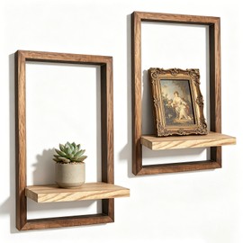Rustic Wooden Wall Shelves for Indoor Plants, Hanging Wall Planters Shelf, Floating Shelves for Wall Decor, Farmhouse Plant Holder for Bathroom, Bedroom, Living Room, Brown & Natural