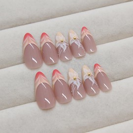 24Pcs French Tip Press on Nails Medium Flower False Nails with Gold Pearl Design 3D Lines Full Cover Acrylic Nails Almond Shaped French Artificial Stick on Nails Reusable Glue on Nails for Women