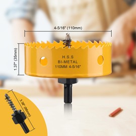 110mm Hole Saw, HSS Bi-Metal Hole Cutter with Drill Bit, Heavy Duty Hole Saw for Wood, Plastic, Drywall, Fiberglass, Yellow