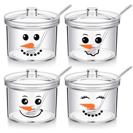 FYSUIMU 4Pcs Christmas Clear Acrylic Sugar Bowl with Lid and Spoon Snowman Face Kitchen Countertop Canisters Condiment Bottle Hot Cocoa Bar Supplies for Winter Xmas Party