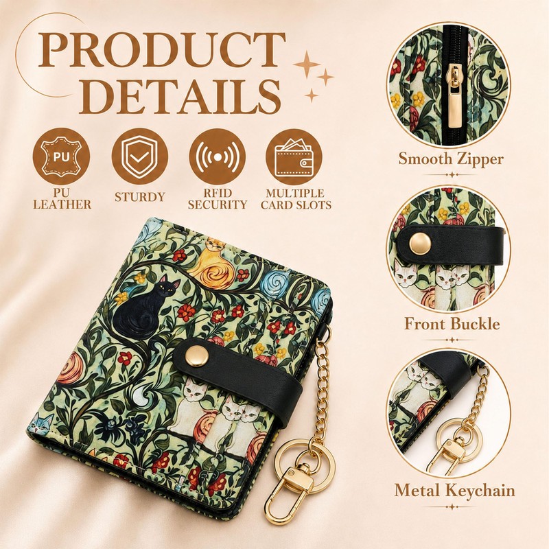 Vintage Cat Cute Wallet for Women, RFID Bifold Small Purse