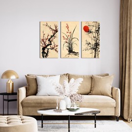Conipit Vintage Traditional Chinese Painting Asian Oriental Wall Art Canvas Plum Orchid Flower Art Prints Black Red Artwork Canvas 32''x48'' (Yellow)