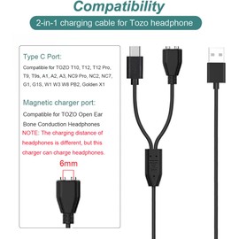 Compatible with Tozo Headphone Charger, Type-C&Magnetic Charging Cables For Tozo Open Ear Bone Conduction Headphone / USB-C Earbuds T10, T12, T12 Pro, T9, T9s, A1, A2, A3, NC9 Pro, NC2, NC7, G1, G1S