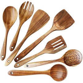 Wooden Spoons for Cooking, ADLORYEA Wood Kitchen Utensils Set, Natural Teak Wooden Cooking Utensils set for Nonstick Cookware, 7-Piece Durable Eco-friendly and Healthy Wooden Spatula for Cooking